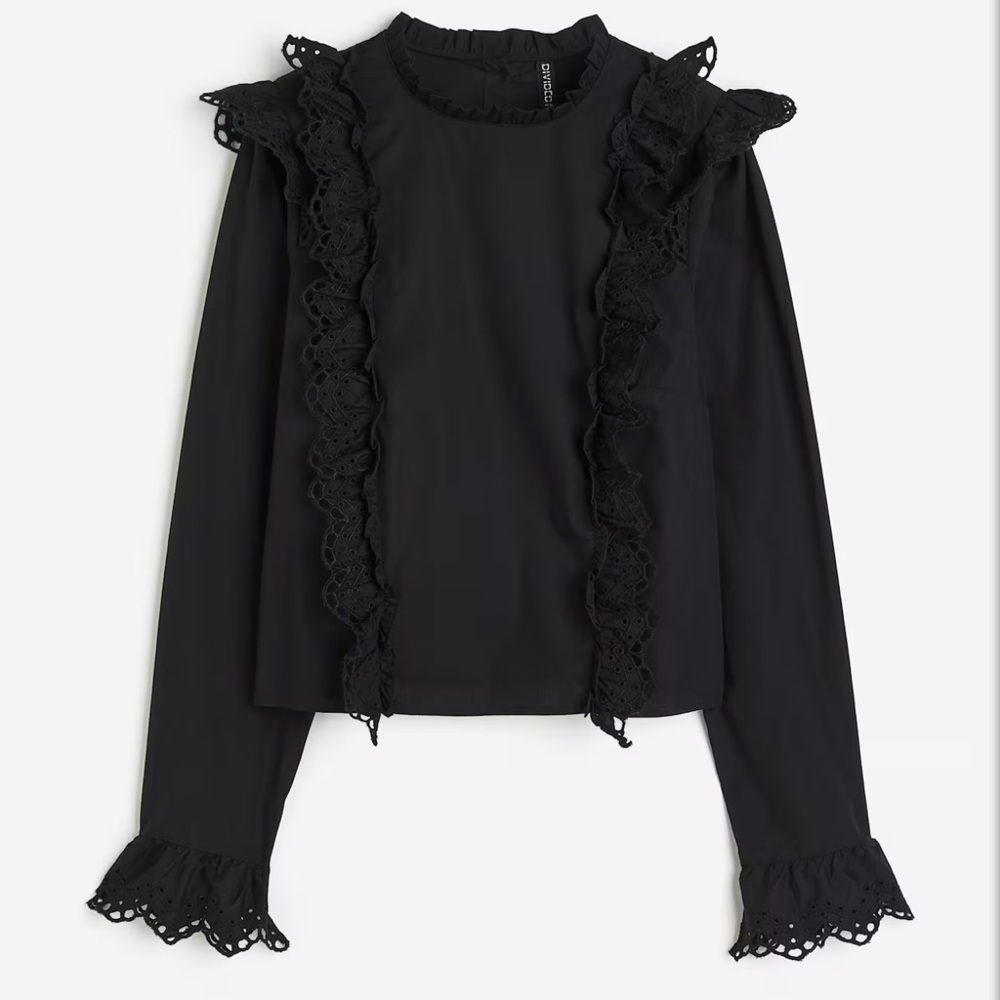 H&M  Black Boho Top Eyelet Ruffle Details Long Sleeves Peasant SZ M  NWT